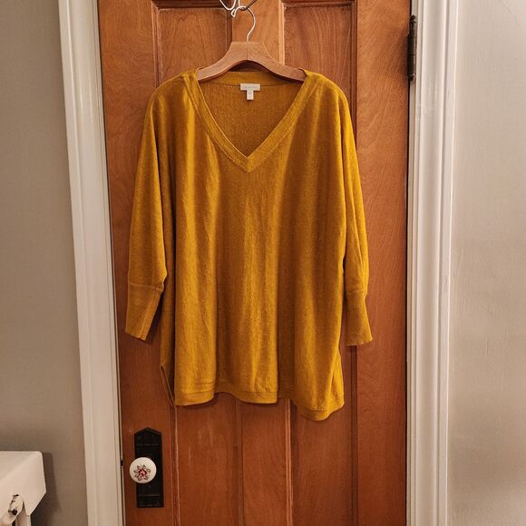 Garnet Hill Mustard Yellow Color 100% Linen Oversize V-Neck Sweater, Sz L - Picture 5 of 10